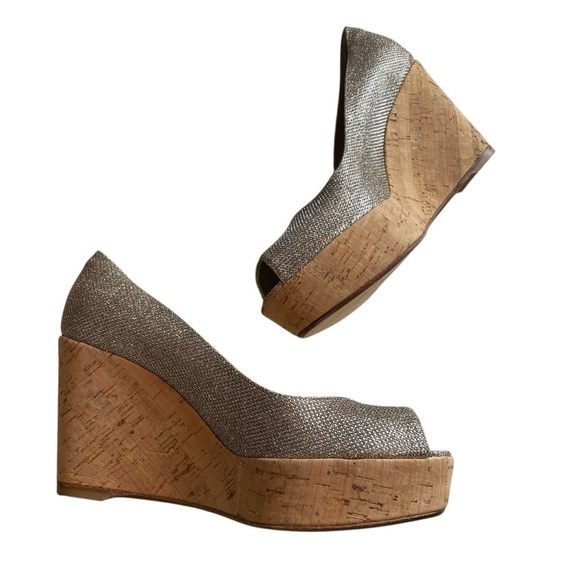 Stuart Weitzman Cork Wedge Peep Toe Glitter Heels 7.5 - Picture 6 of 13